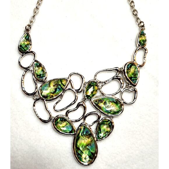 Statement Necklace Yellow Green Bib Open Metal Waterfall Silvertone Boho Fairy - Picture 1 of 6